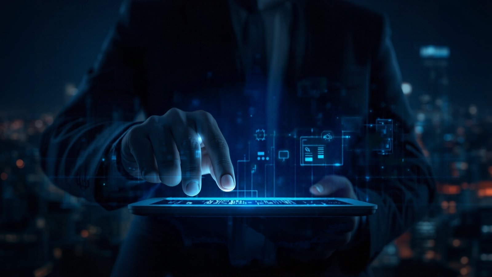 Persona tocando una tablet de la que sale una interfaz holográfica azul con íconos y paneles